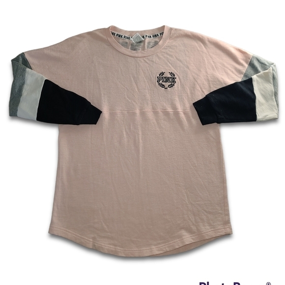 Vs PINK Pink Grey Black White Colorblock Crest Pullover Sweatshirt - Picture 1 of 3